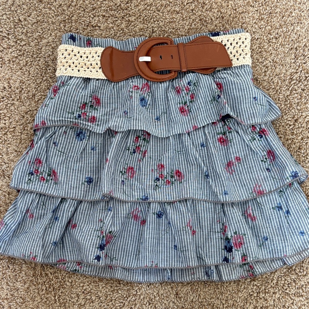 Rue21 Blue Floral Ruffle Skirt with Tan Belt